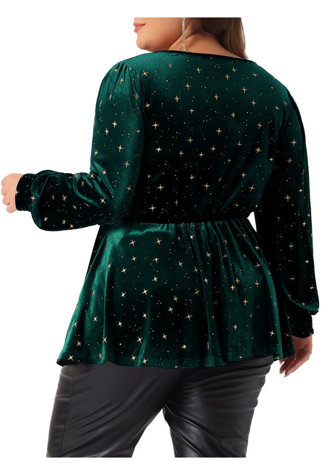Velvet V Neck Long Sleeve Shiny Metallic Star Blouse Top, Dark Green / Hunter Green, alternate image number null