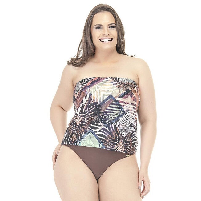 Swimsuit With Two Different Fabrics And Padded Top, Brown / Brown, hi-res image number 0