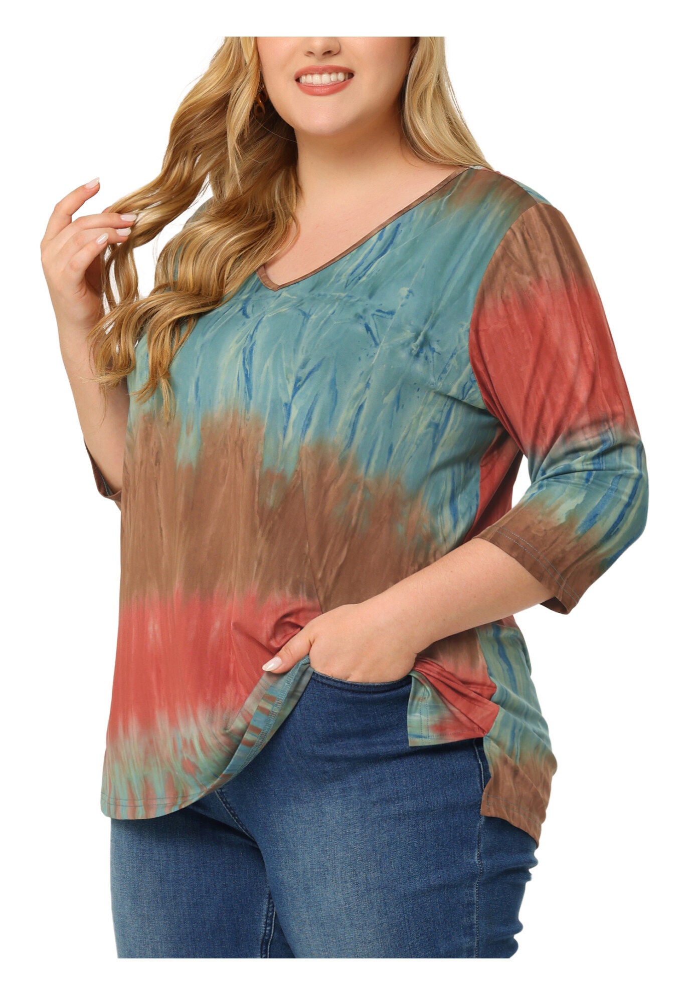 V Neck 3/4 Sleeve Loose Casual Striped Tie Dye Print T-Shirt Top, Multicolor / Brown, alternate image number 2