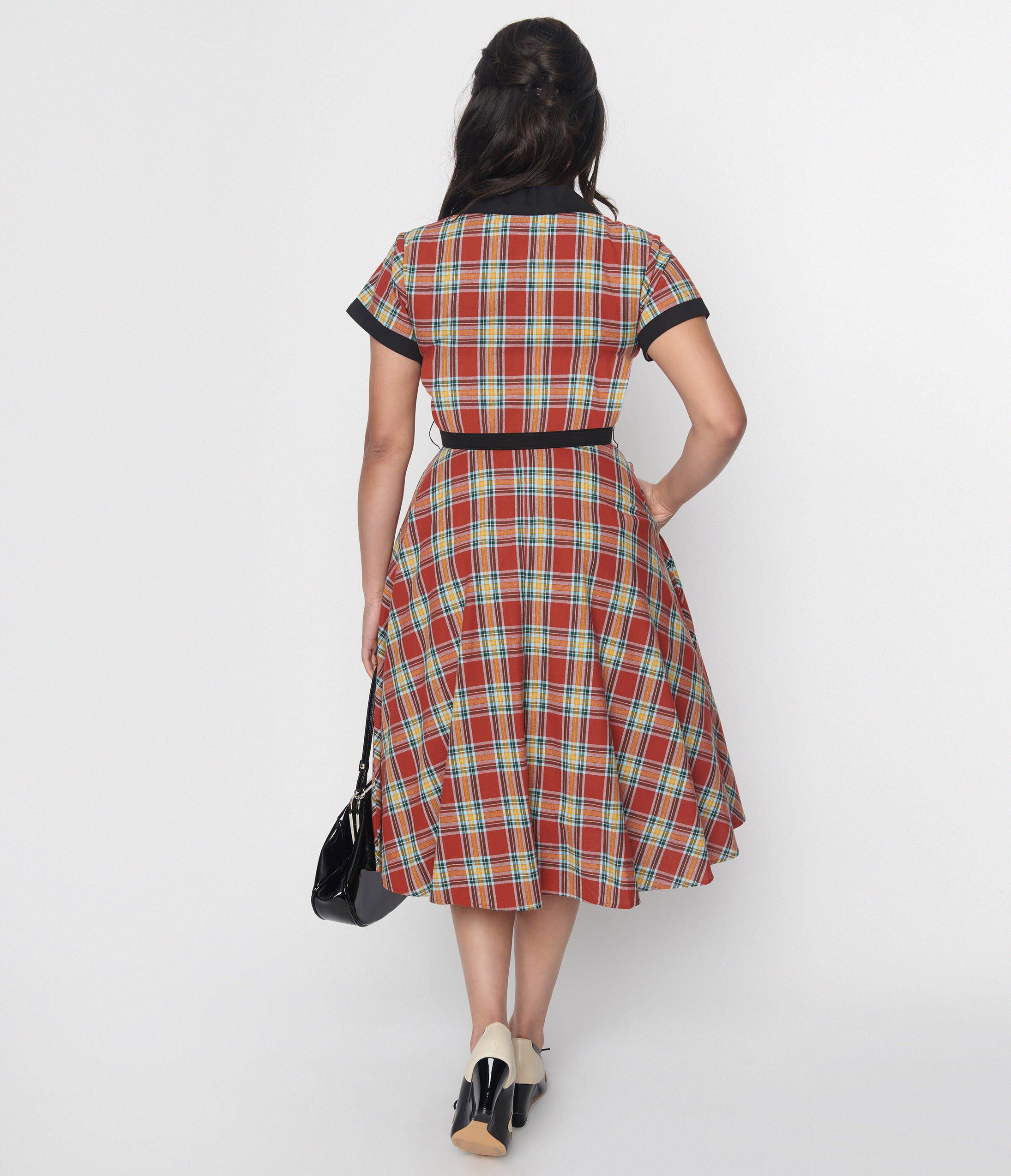 Unique Vintage Red Plaid & Black Contrast Alexis Swing Dress, RedPlaid / Red, alternate image number 3