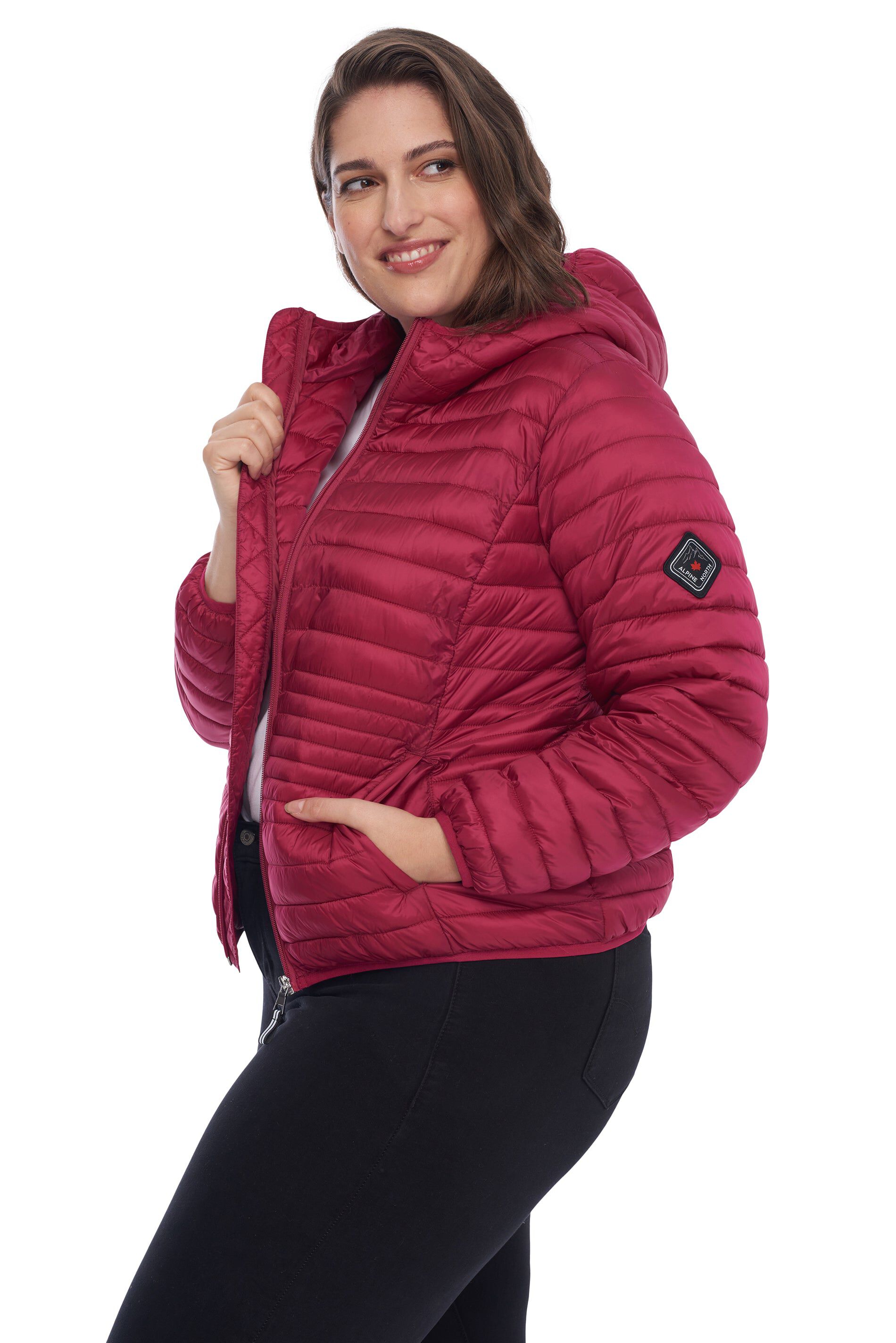 Women's Plus Size - YOHO | Vegan Down Lightweight Packable Puffer Jacket & Bag, Raspberry / Raspberry, alternate image number 2