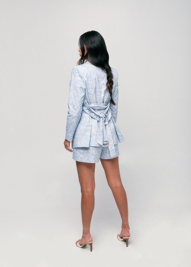 Twill Printed Double Belted Boyfriend Blazer, Blue / Light Blue, alternate image number 3