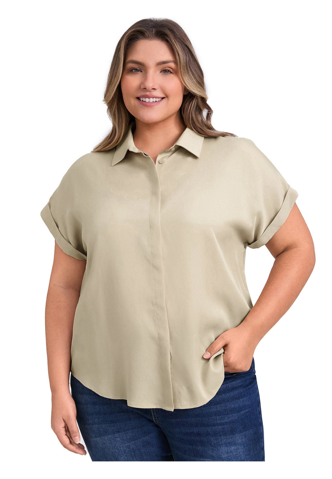 Button Down Lapel Shirt Rolled Cuffed Short Sleeve Collared Top, Khaki / Beige, hi-res image number 0