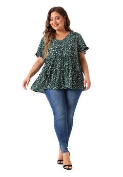 Floral Print V Neck Ruffles Sleeve Tiered Babydoll Blouse