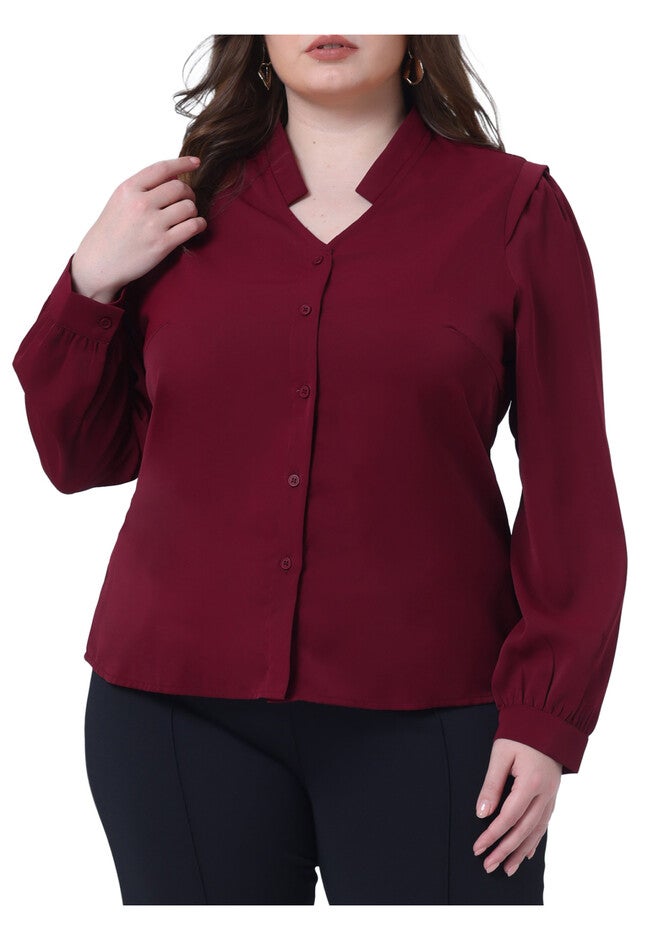 Button Up Notch V Neck Long Sleeve Work Shirt, Burgundy / Burgundy, alternate image number null