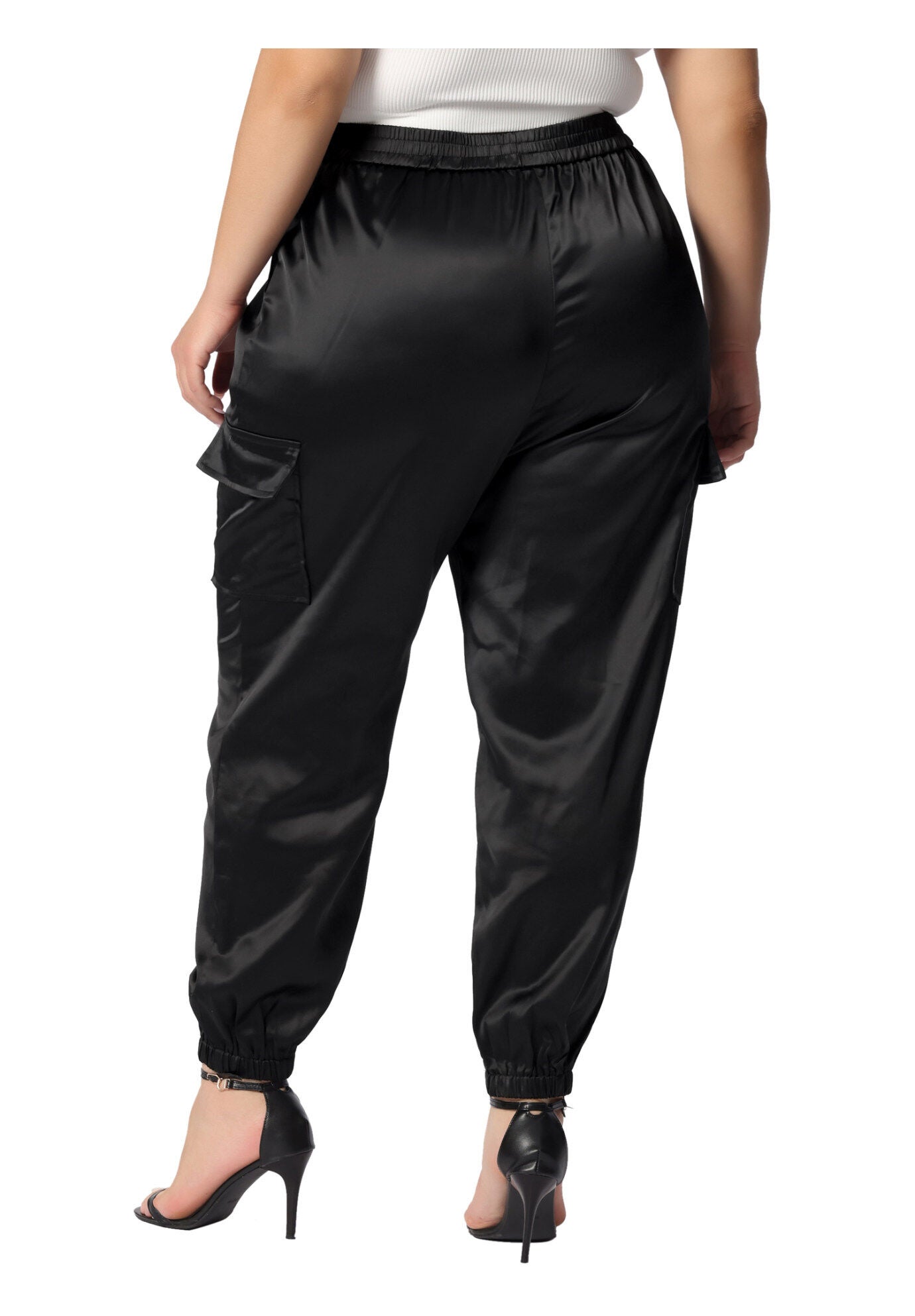SATIN JOGGERS ELASTIC WAIST ATHLEISURE ANKLE LENGTH CARGO PANTS, Black / Black, alternate image number 3