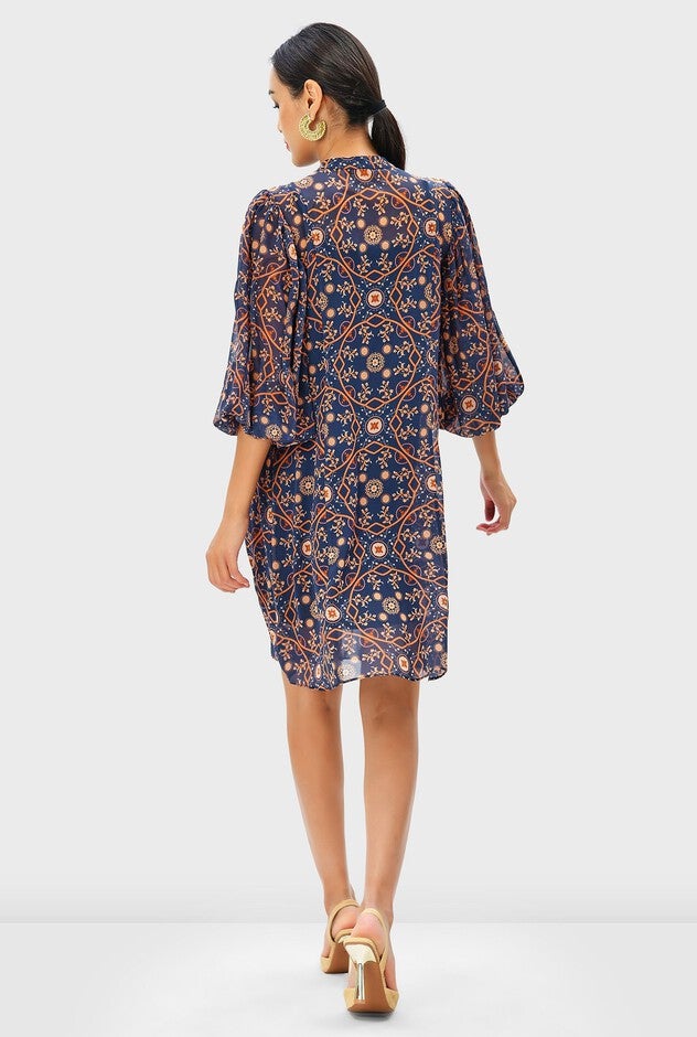 Floral Tile Print Georgette Pintuck Shift Dress, Navy / Beige, alternate image number 3