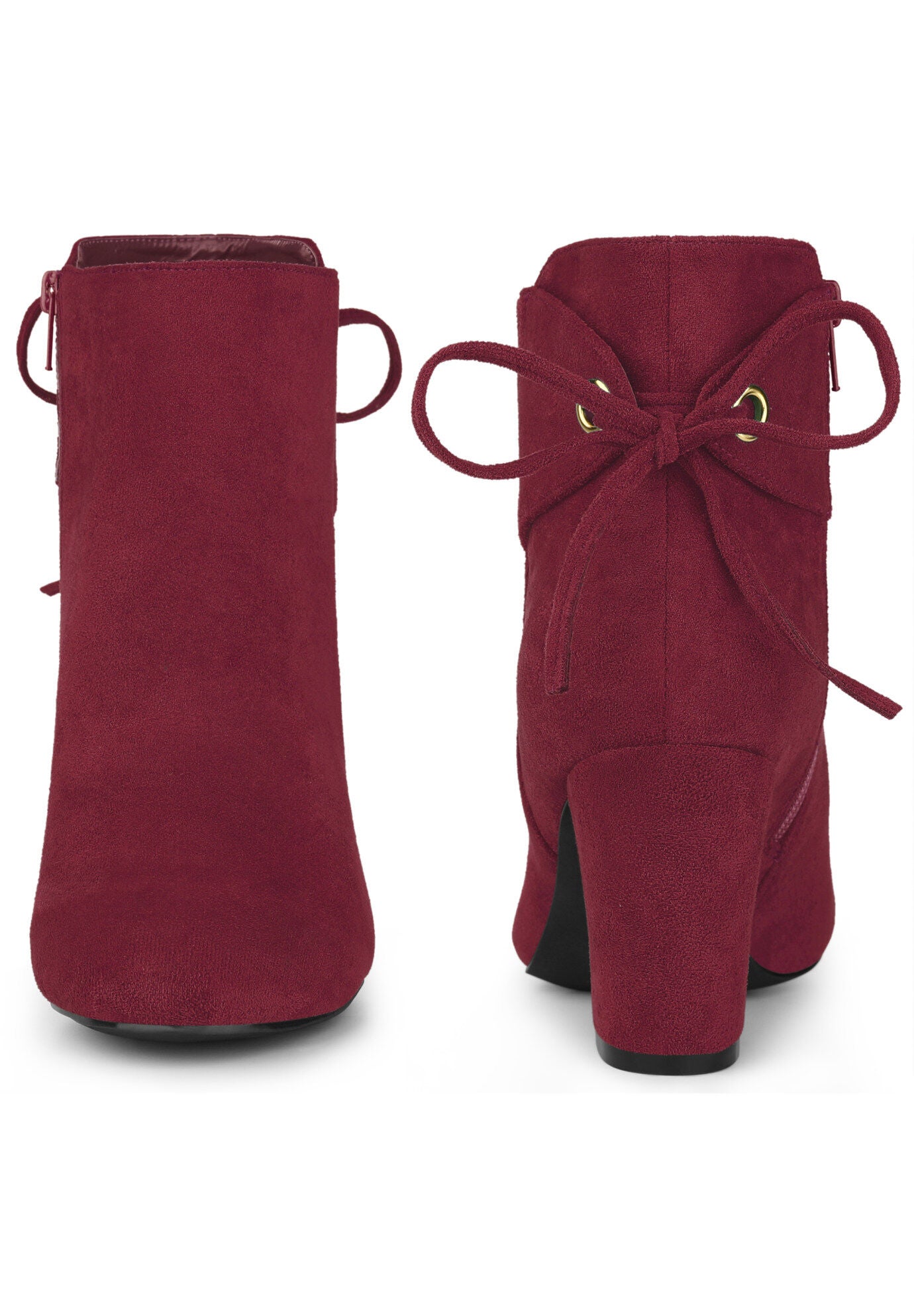 Round Toe Lace Up Back Chunky High Heels Ankle Boots, Burgundy / Burgundy, alternate image number 4