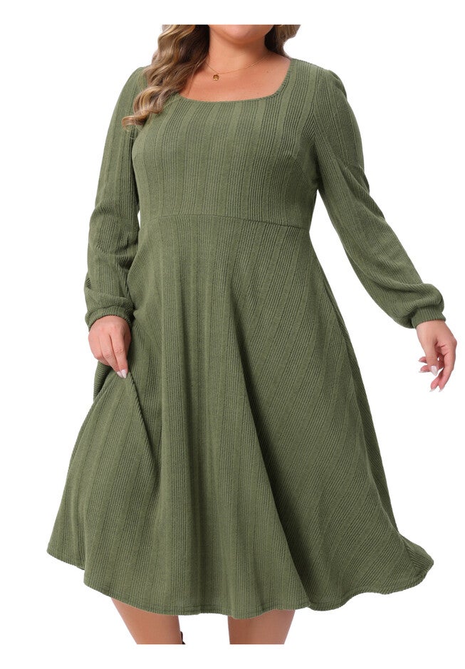 Square Neck A-Line Knit Midi Dresses with Pockets, Army Green / Olive Green, alternate image number 1
