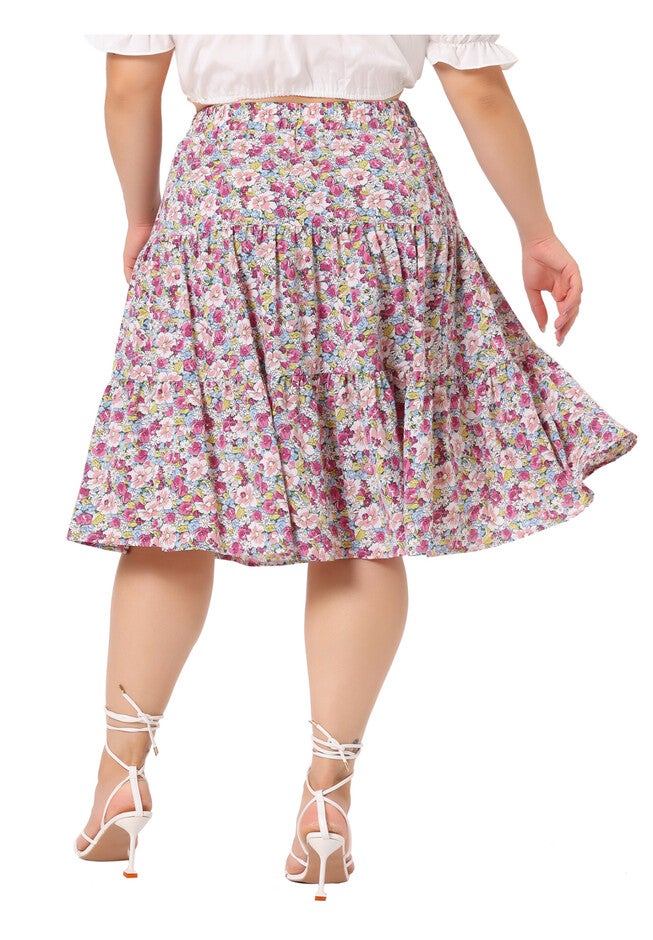 Summer Floral A-Line Stretch High Waist Tiered Skirt, Fuchsia Pink / Deep Fuchsia, alternate image number 2