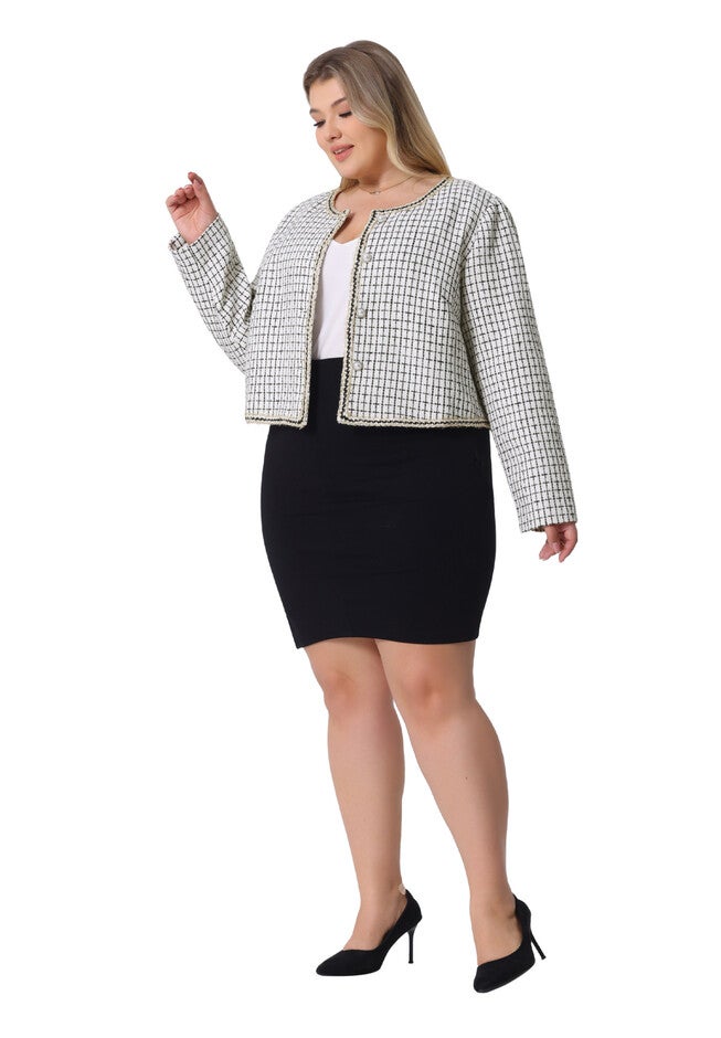 COLLARLESS OPEN FRONT PLAID TWEED BLAZER JACKET, White / White, hi-res image number 0