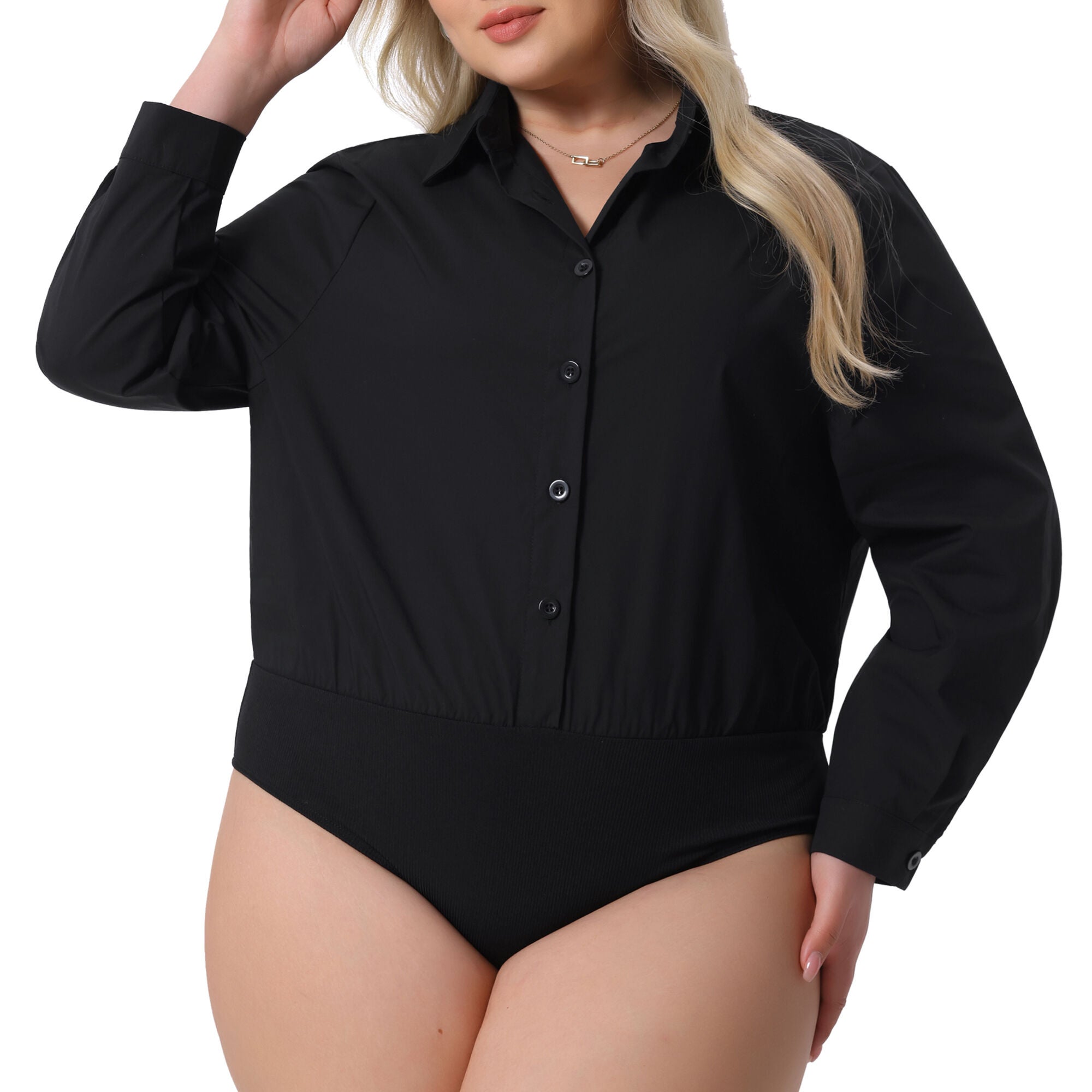 Button Down Long Sleeve Bodysuit Shit Top, Black / Black, alternate image number 1