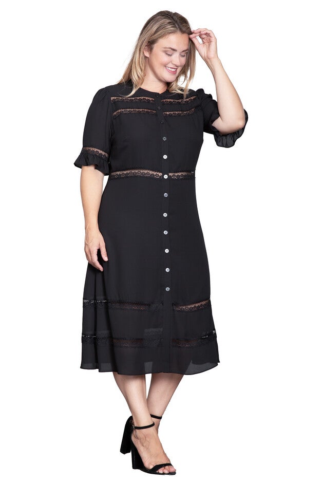 Lace Detailing Trim Dress, Black / Black, alternate image number 2