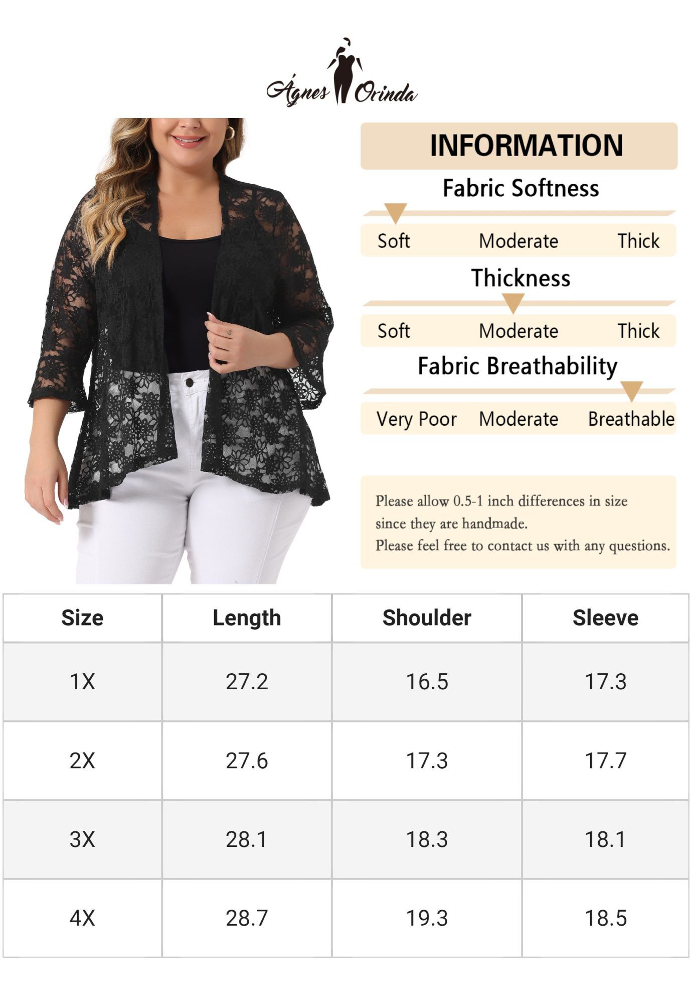OPEN FRONT 3/4 BELL SLEEVE SHEER LIGHTWEIGHT LACE COVER UP CARDIGAN, Black / Black, alternate image number 4