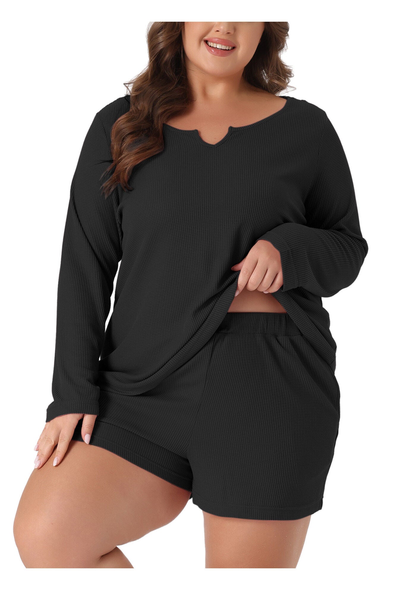 Waffle 2 Piece Long Sleeved Top and Shorts Pajama Sweatsuits Set, Black / Black, alternate image number 2