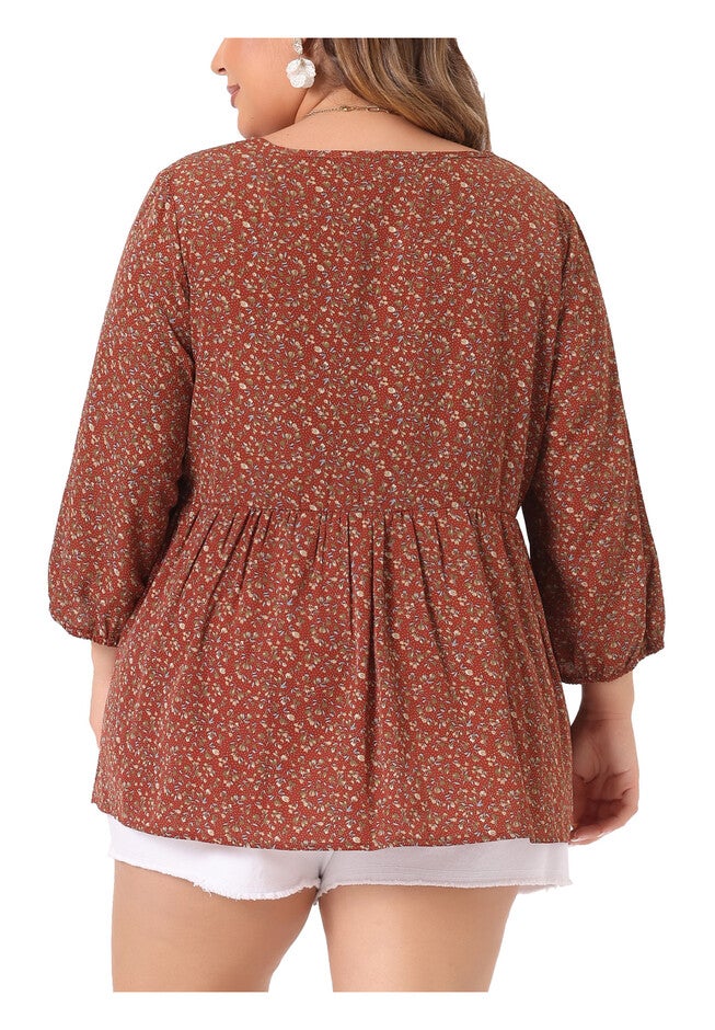3/4 Sleeves Babydoll Chiffon Keyhole Floral Flowy Top Blouse, Red Brown / Terracotta, alternate image number 3