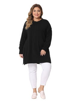 OVERSIZED CREW NECK LONG SLEEVE SLIT HEM KNIT PULLOVER SWEATER
