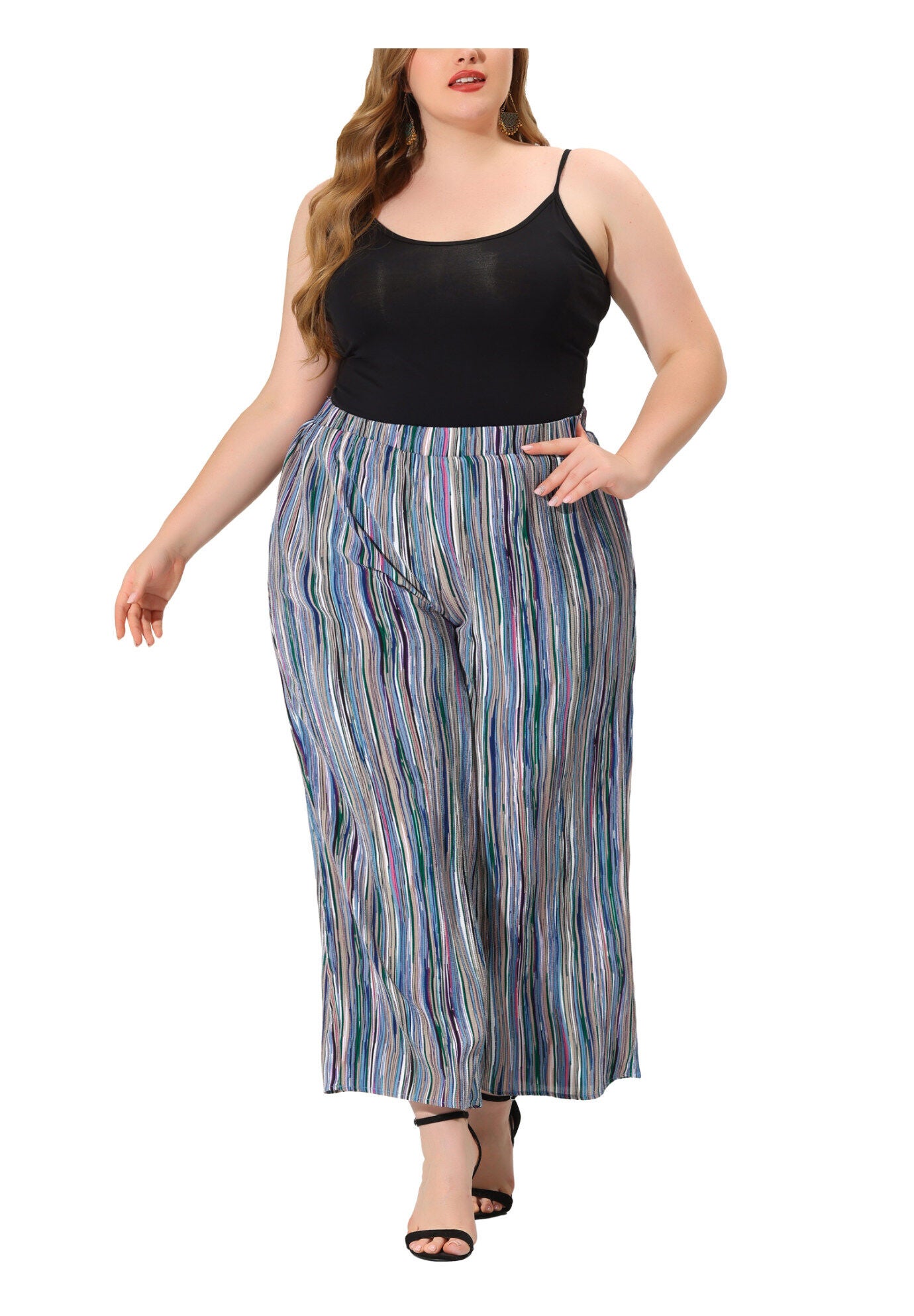 STRIPE BOHO WIDE LEG PAPER BAG PALAZZO PANTS, Blue / Azure Blue, alternate image number 1