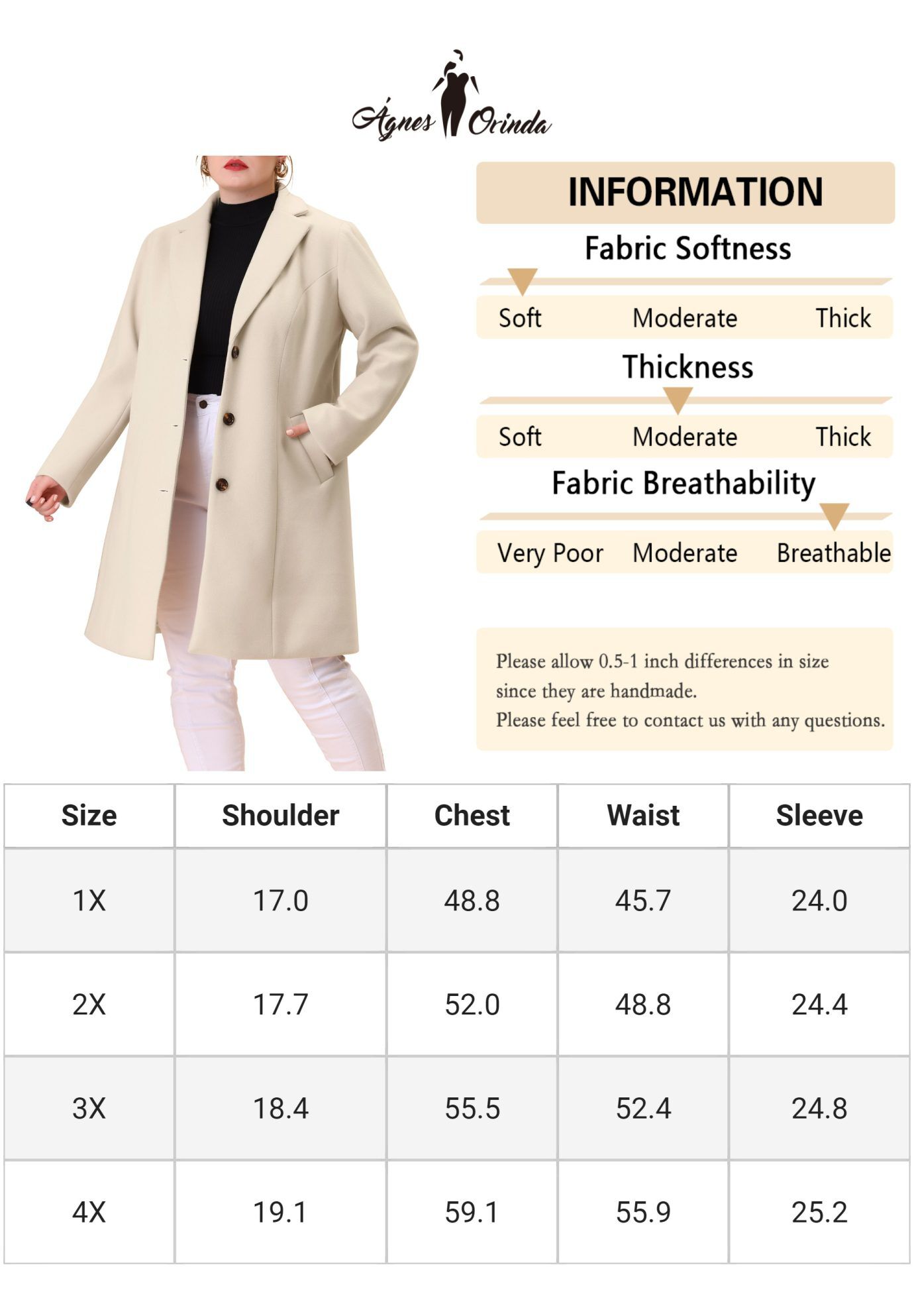 SINGLE BREASTED NOTCHED LAPEL LONG WINTER COAT, Cream White / Cream, alternate image number 1