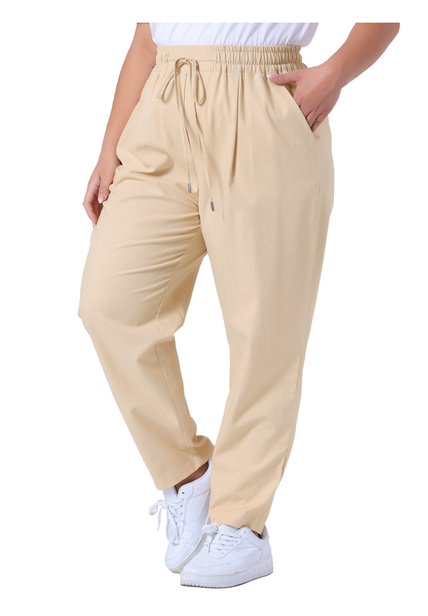 STRAIGHT LEG DRAWSTRING ELASTIC LOOSE TROUSERS, Light Khaki / Beige, alternate image number 2