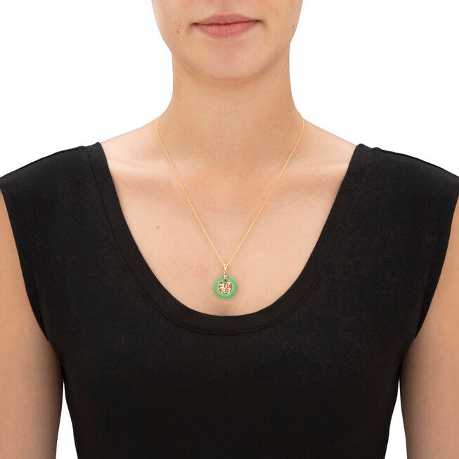 Genuine Green Jade Solid 10k Yellow Gold Round "Blessed" Pendant 3/4 inches, Green / Hunter Green, alternate image number null