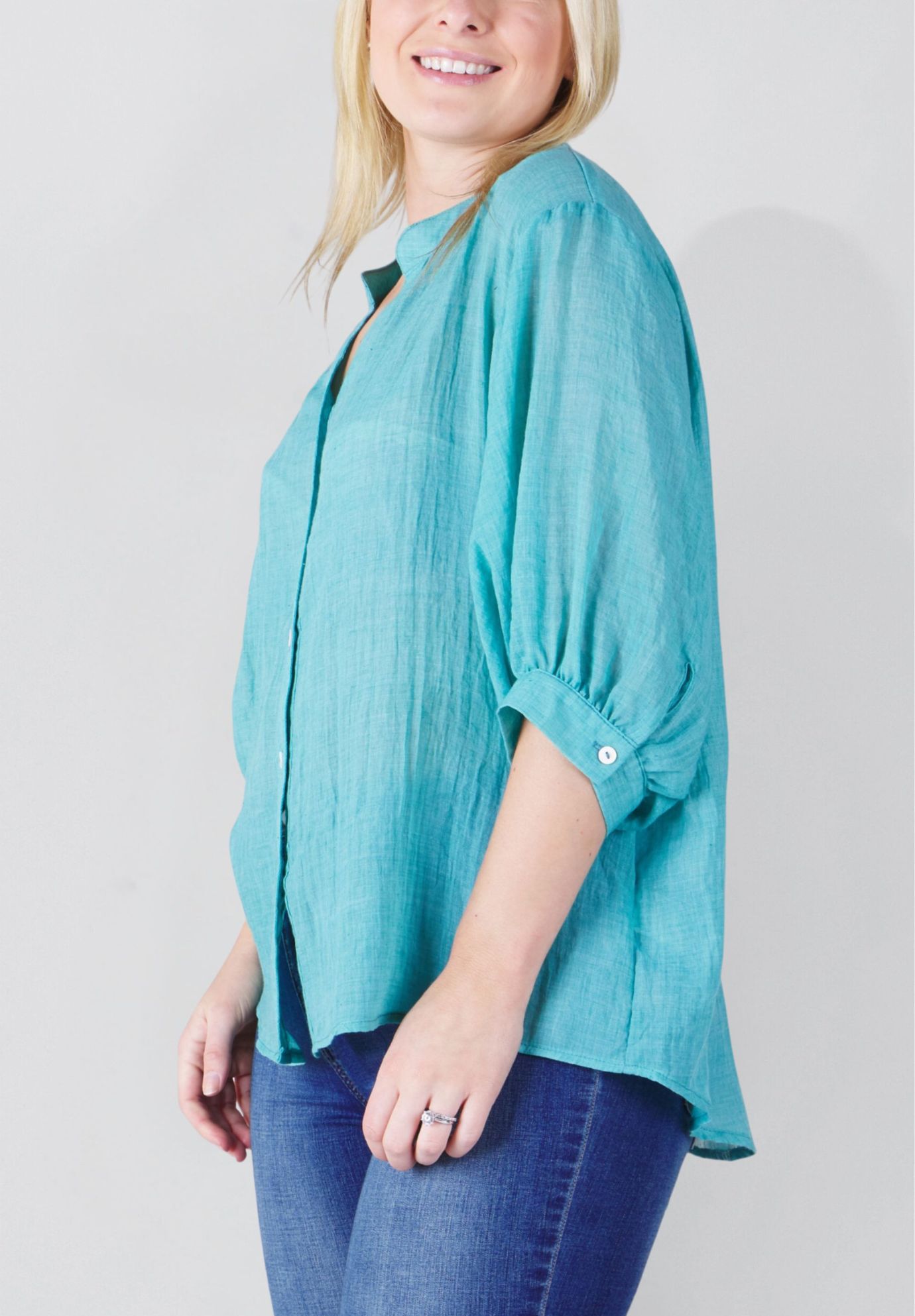 Annick- Lilou On-Off Shoulder Ditsy Floral Maxi Dress Front Slits, Blue / Teal, alternate image number 3