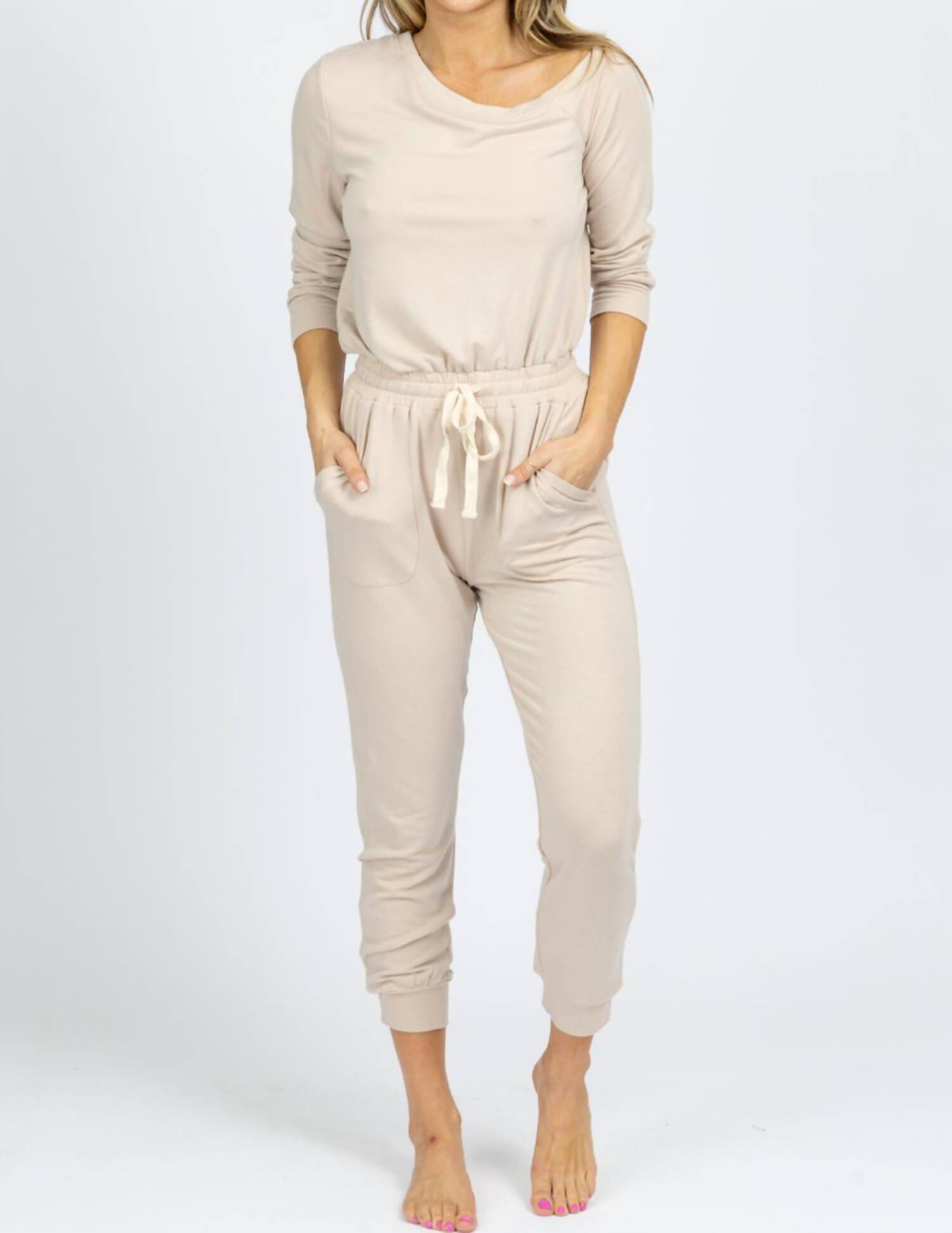 Butter Soft Drawstring Jumpsuit, Taupe / Beige, alternate image number 1
