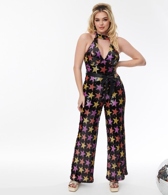 Smak Parlour Black & Multicolor Star Sequin Glamour Goddess Jumpsuit, Black / Black, hi-res image number 0