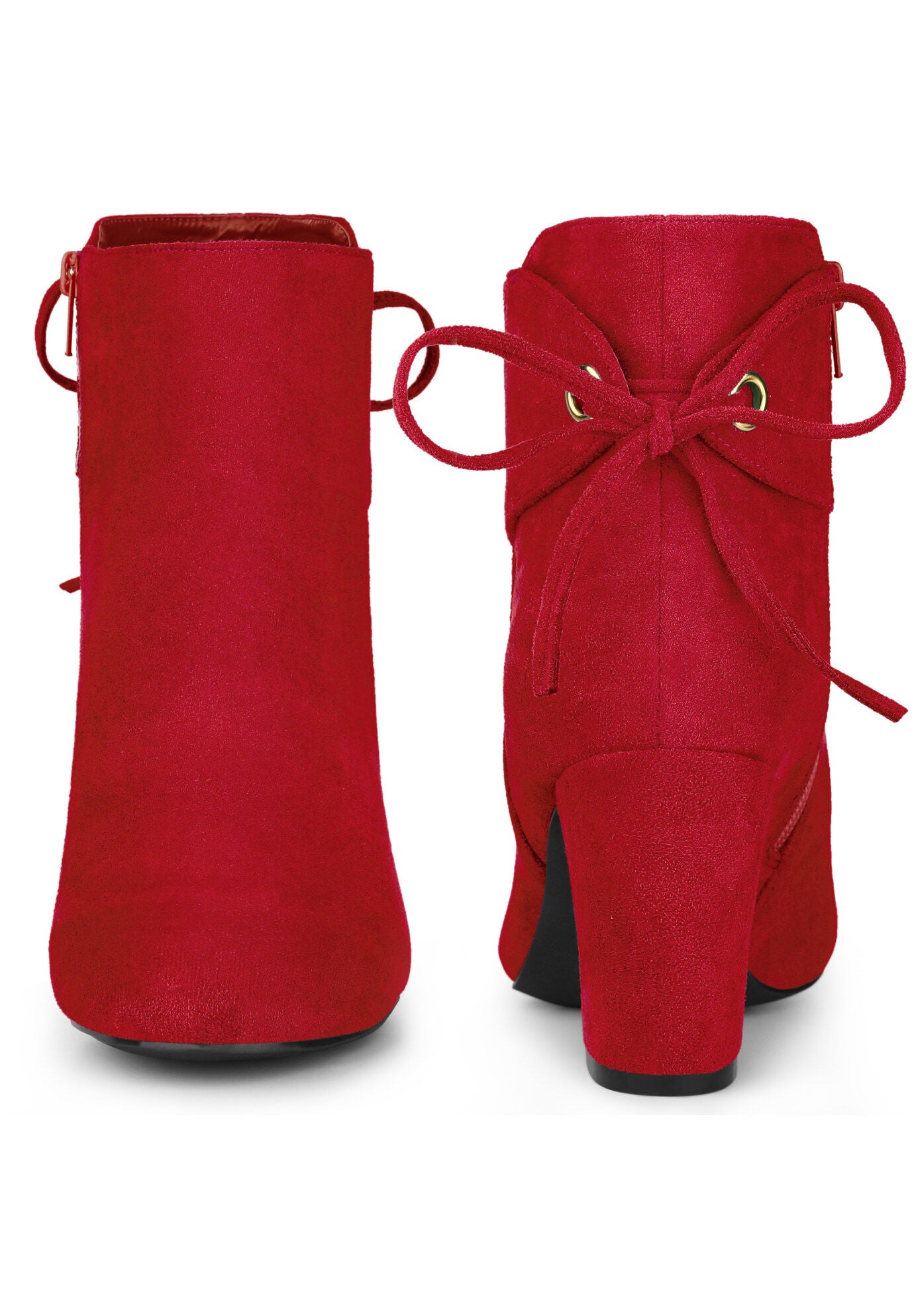 Round Toe Lace Up Back Chunky High Heels Ankle Boots, Red / Red, alternate image number 1