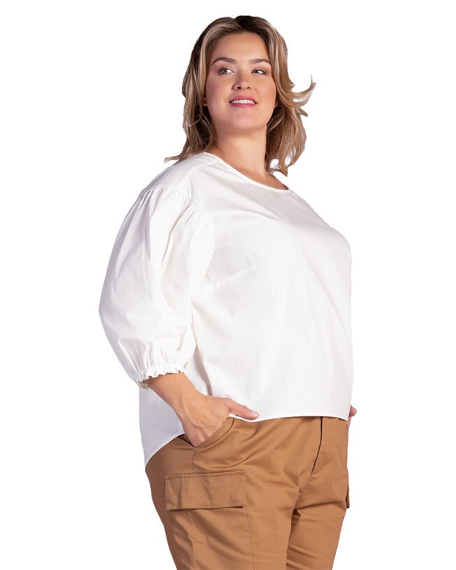 Saber Womens Plus Size Balloon Sleeve Cotton Chiffon Blouse, OFFWHITE / White, alternate image number 1