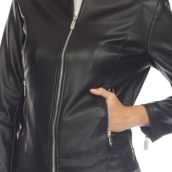 Women's Classic Biker Faux Leather Jacket, Black / Black, alternate image number 2