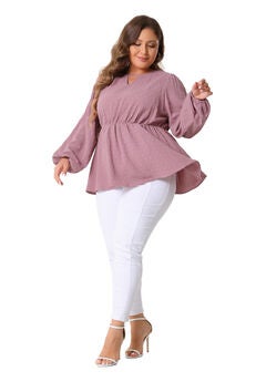 Textured Keyhole Cut Out Long Sleeve Swiss Dots Babydoll Peplum Blouse
