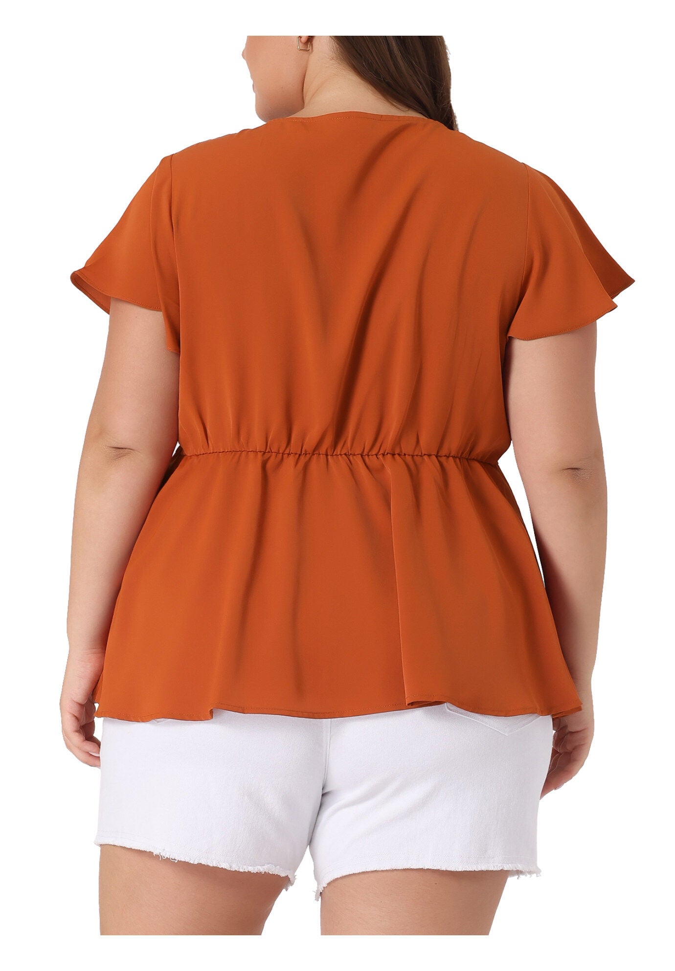 V NECK FLARE SLEEVE RUFFLE PEPLUM WRAP BLOUSE TOP, Caramel / Burnt Orange, alternate image number 3
