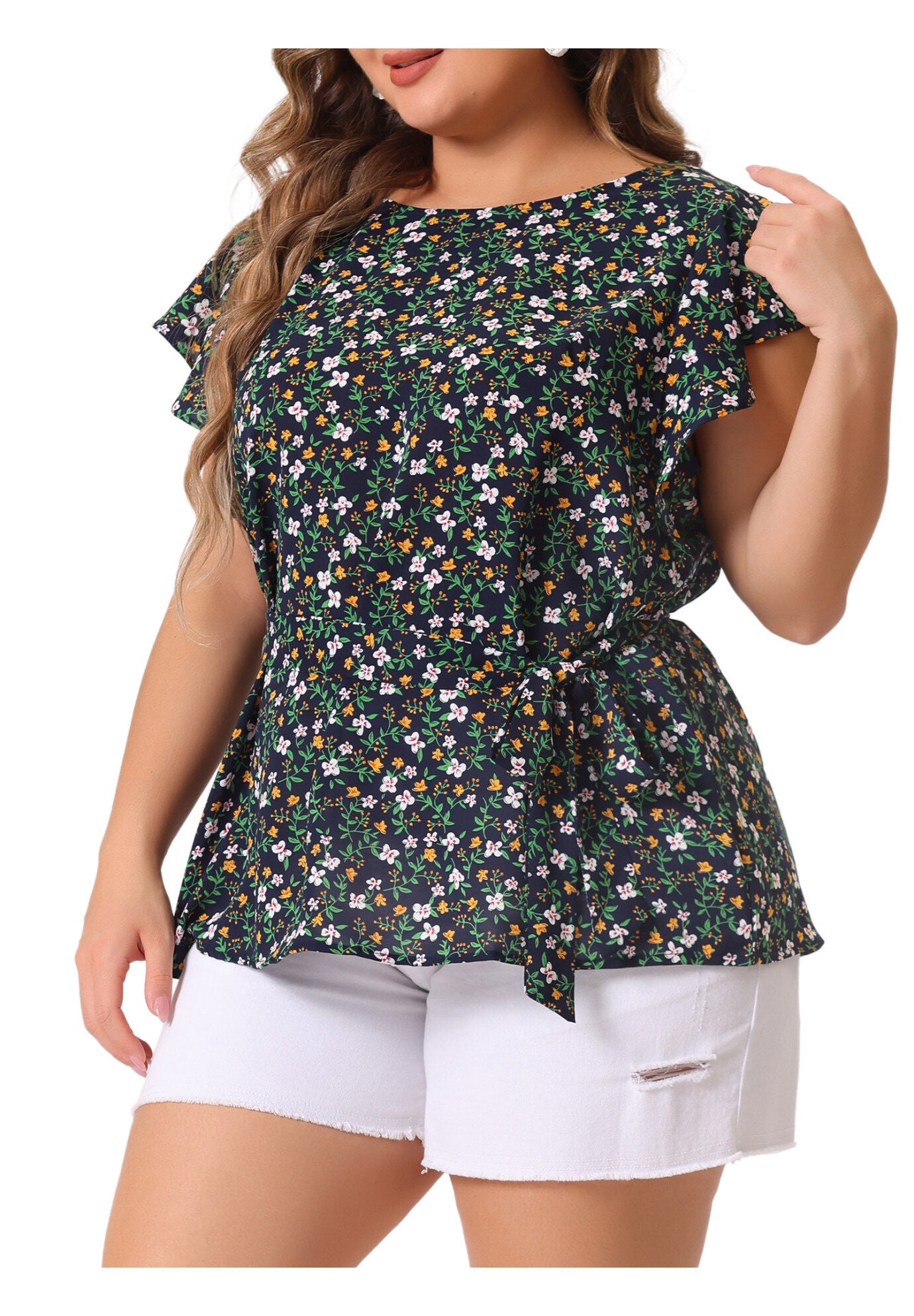 Summer Top Floral Tie Waist Short Sleeves Casual Blouse, Black / Black, alternate image number 1