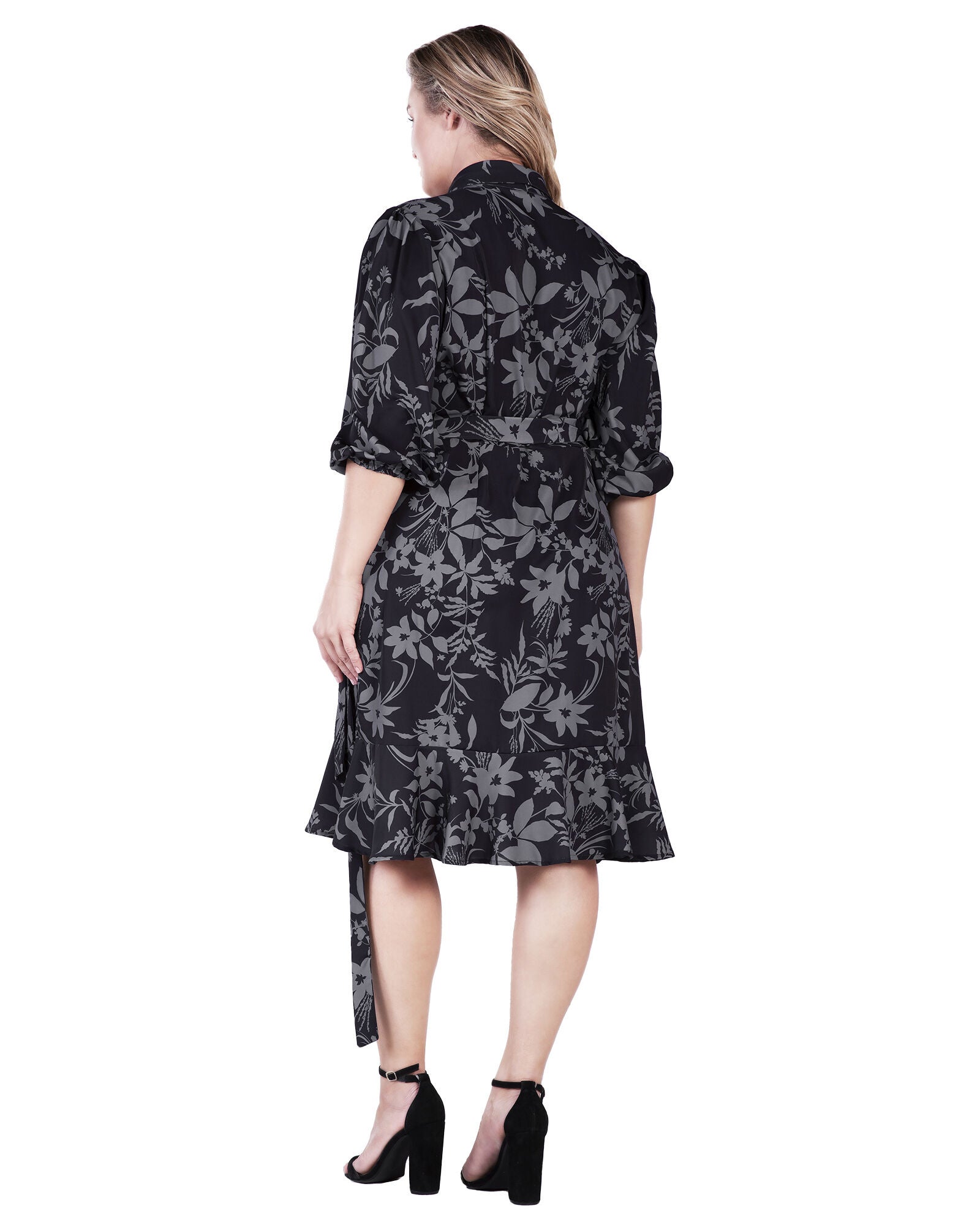 Kylie Double Georgette Dusty Pink Ruffles Wrap Midi Dress, Black Grey Floarl / Black, alternate image number 2