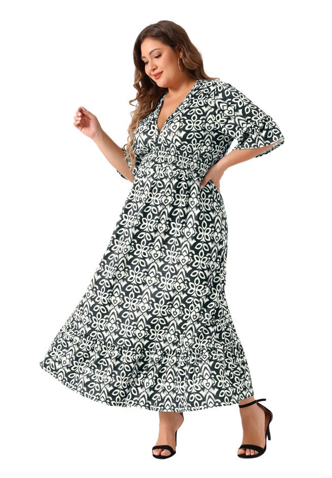 Bell Sleeve Ruffled Hem V Neck Short Sleeve Boho A Line Long Dress, Black / Black, hi-res image number 0