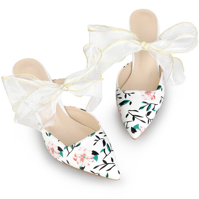 Pointed Toe Lace Bow Stiletto Heels Floral Mules, White / White, alternate image number 4