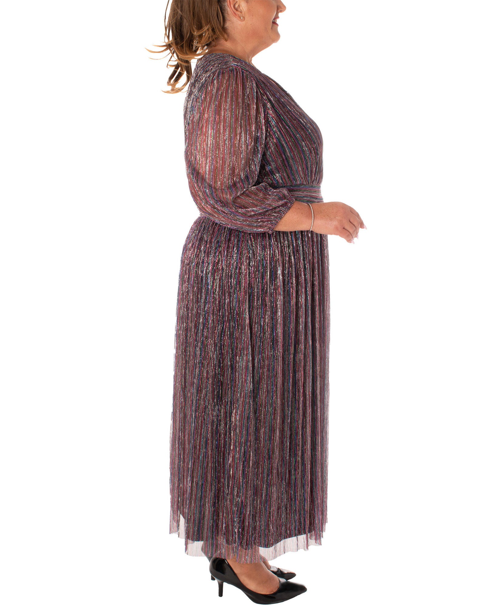 METALLIC CRINKLE CHIFFON SILKY DENIER  FULLY LINED DRESS, , alternate image number 4