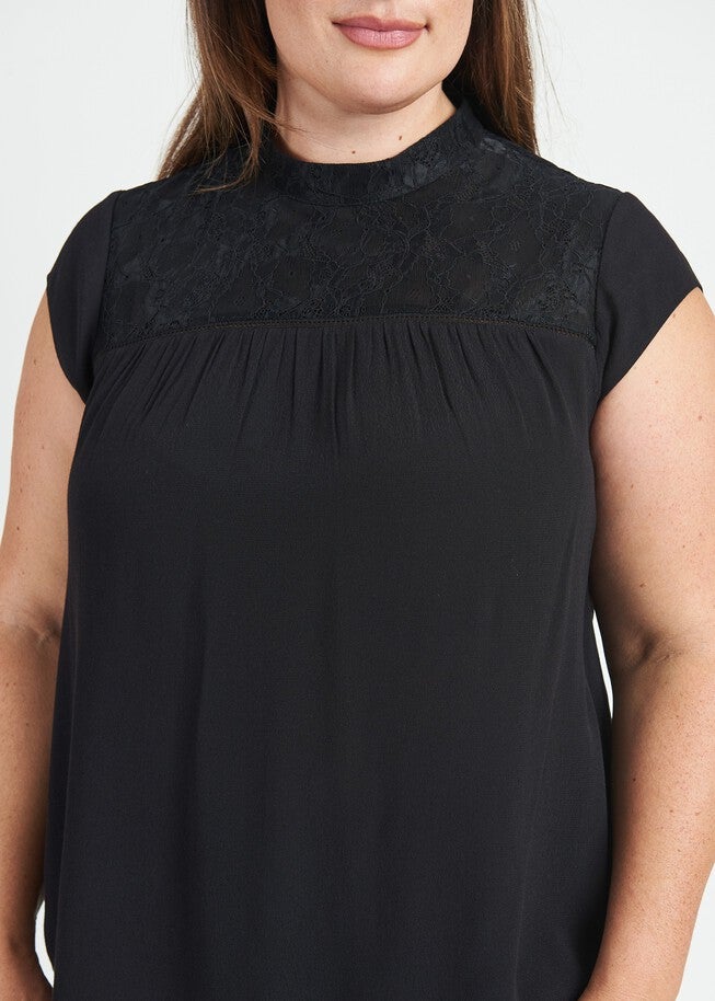 Tatiana Cap Sleeve Blouse with Lace Yoke, BLACK / Black, alternate image number null