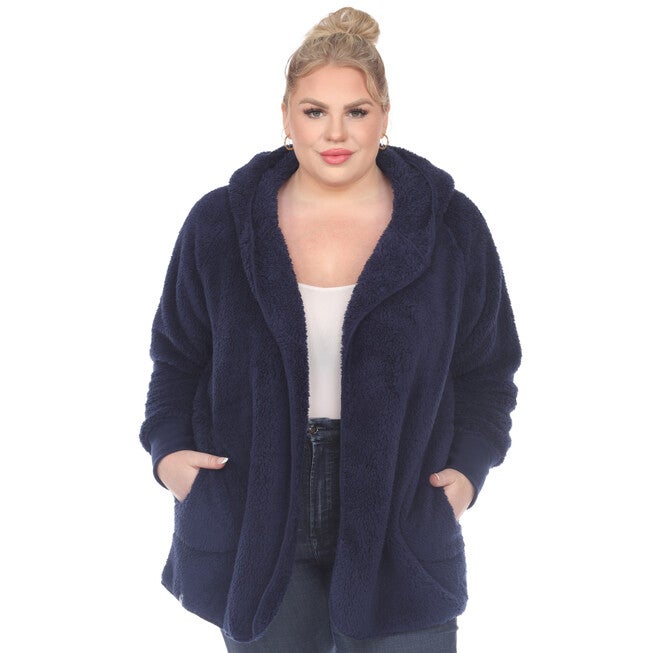 Plush Hooded Cardigan with Pockets, Navy / Navy, alternate image number null
