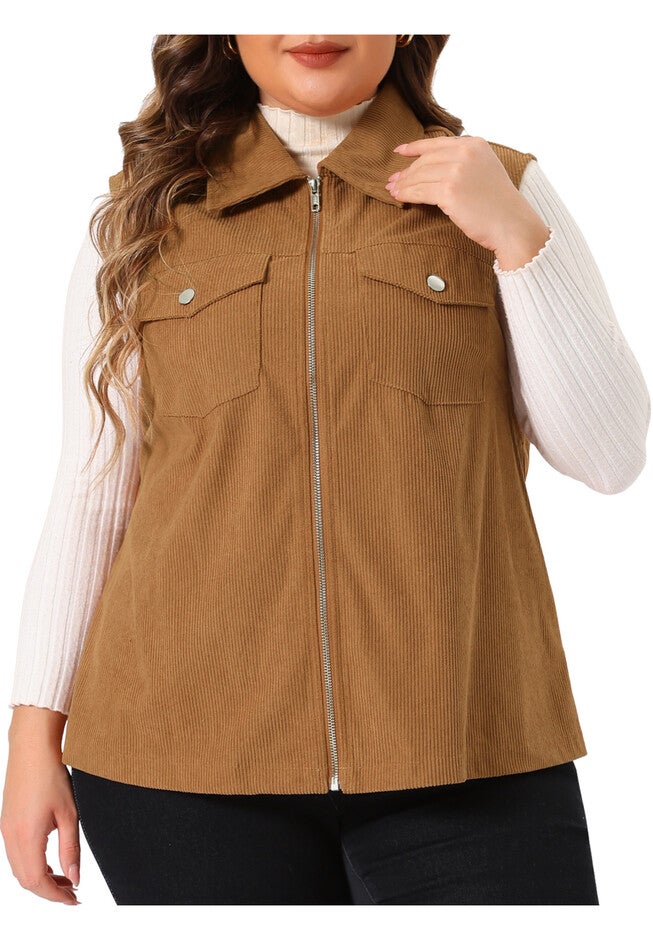 CORDUROY SLEEVELESS LAPEL LIGHTWEIGHT JACKET UTILITY VEST, Brown / Brown, alternate image number 2