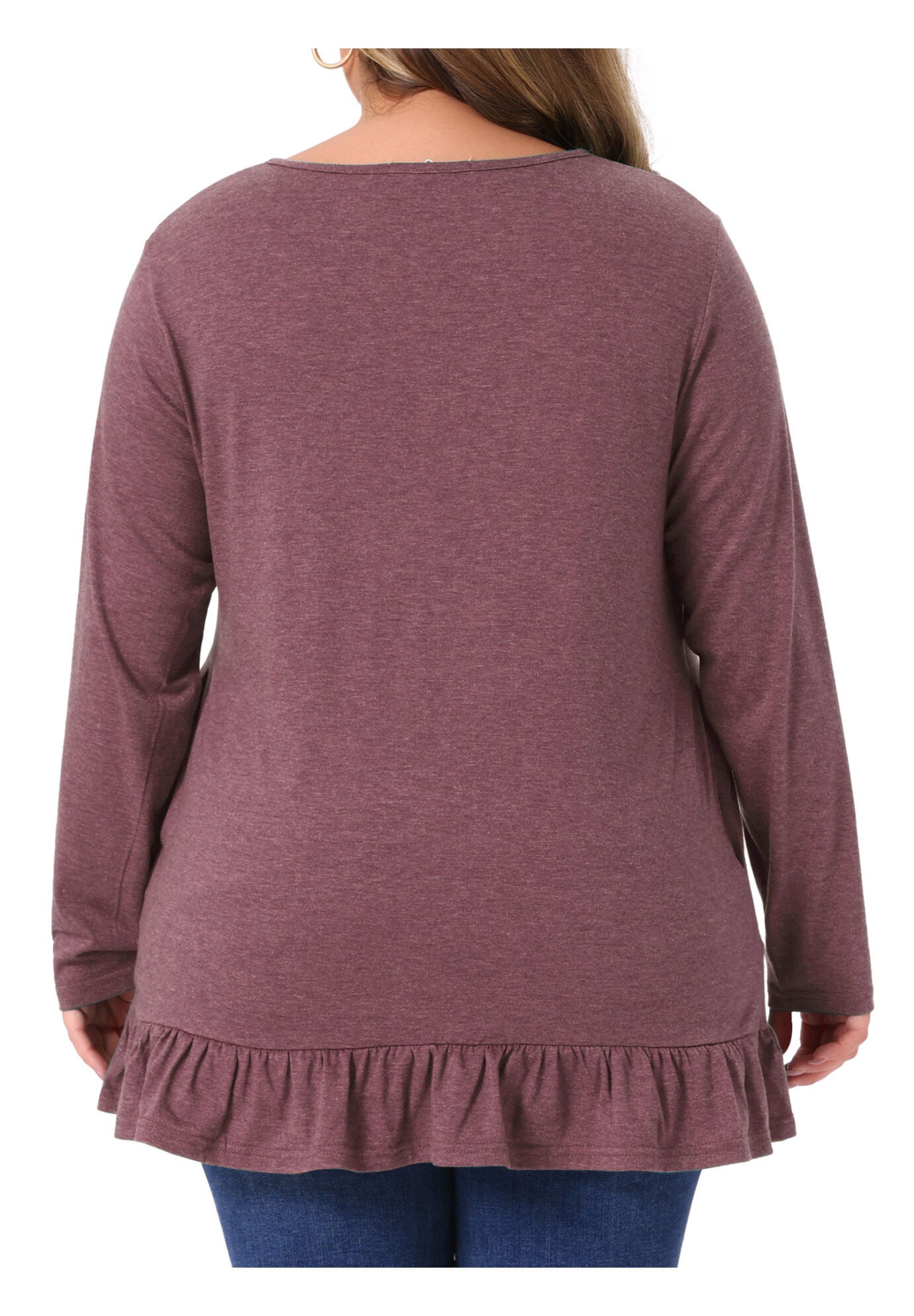 Crew Neck Ruffled Hem Flowy Blouses with Pockets, Burgundy / Burgundy, alternate image number 3