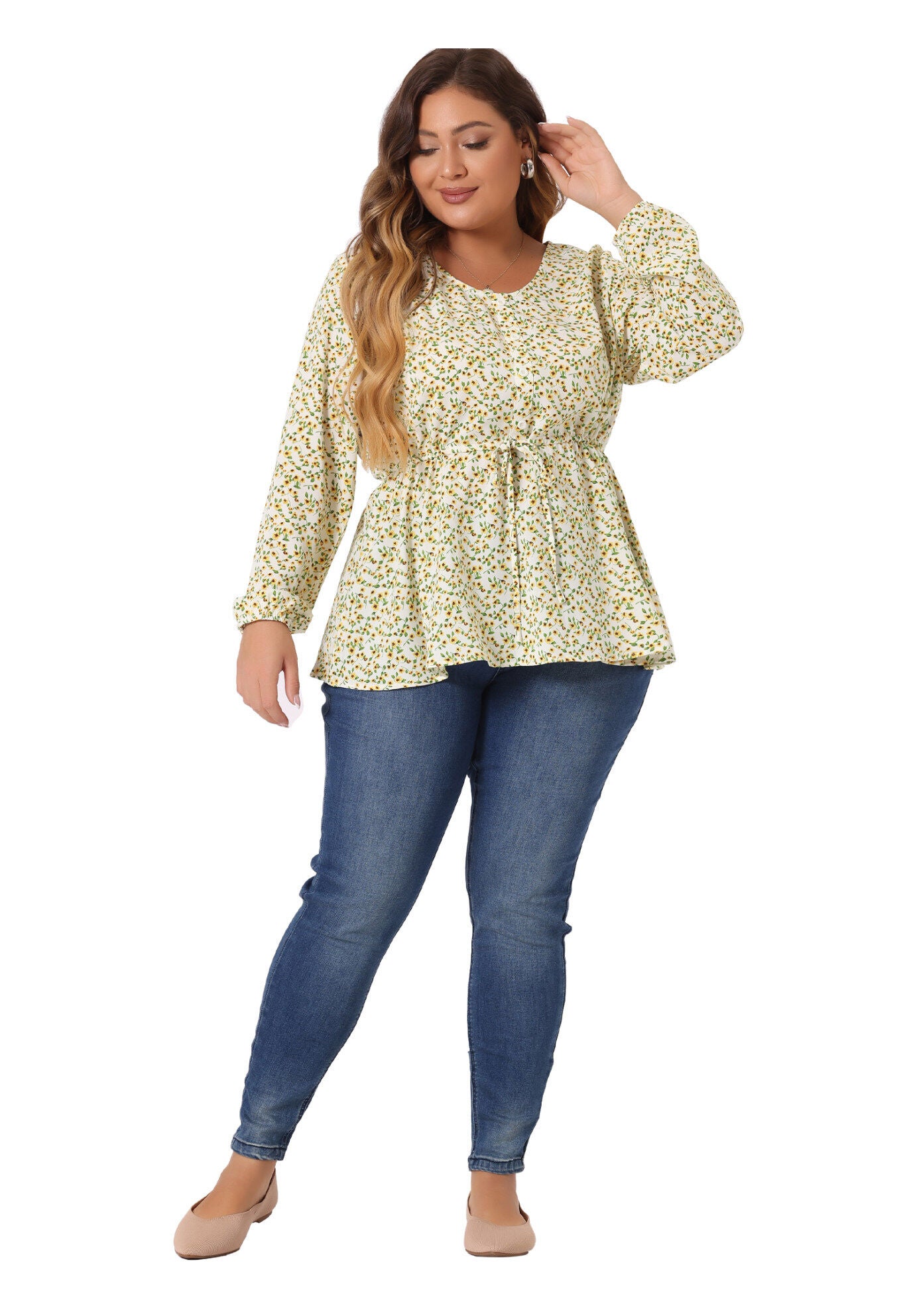 Floral Print Long Sleeves Belt Tie Ruffle Casual Peplum Top, Yellow / Yellow, hi-res image number 0