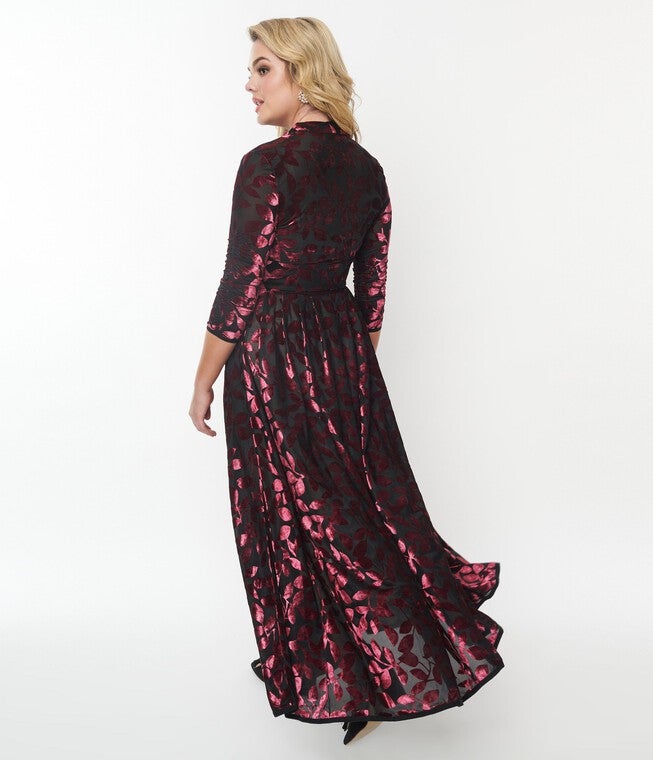 Unique Vintage Burgundy Velvet Burnout Floral Tallullah Duster, , alternate image number null