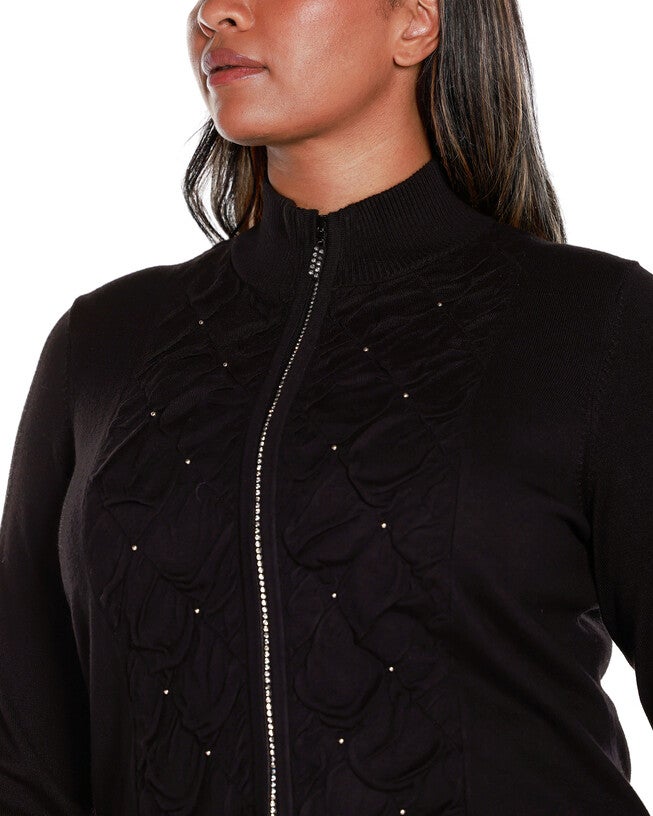 RHINESTONE-ZIP EMBELLISHED CARDIGAN SWEATER, Black / Black, alternate image number 3