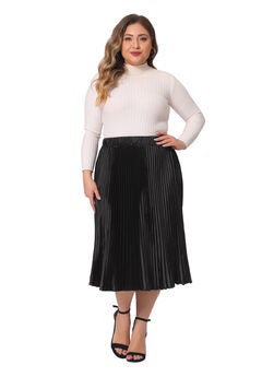 Elastic High Waist Metallic Shiny Accordion Pleated Midi Skirt