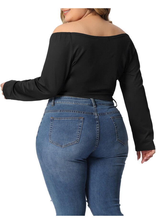 OFF SHOULDER LONG SLEEVE CROSS WRAP V NECK CROP TOP, Black / Black, alternate image number null