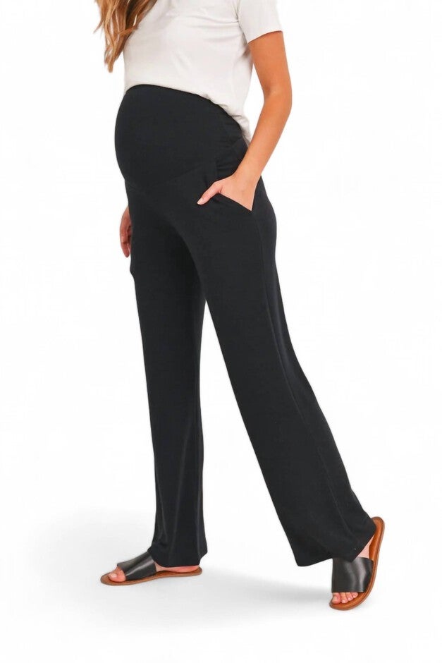 FRENCH TERRY STRAIGHT LEG MATERNITY YOGA PANTS, Black / Black, alternate image number null
