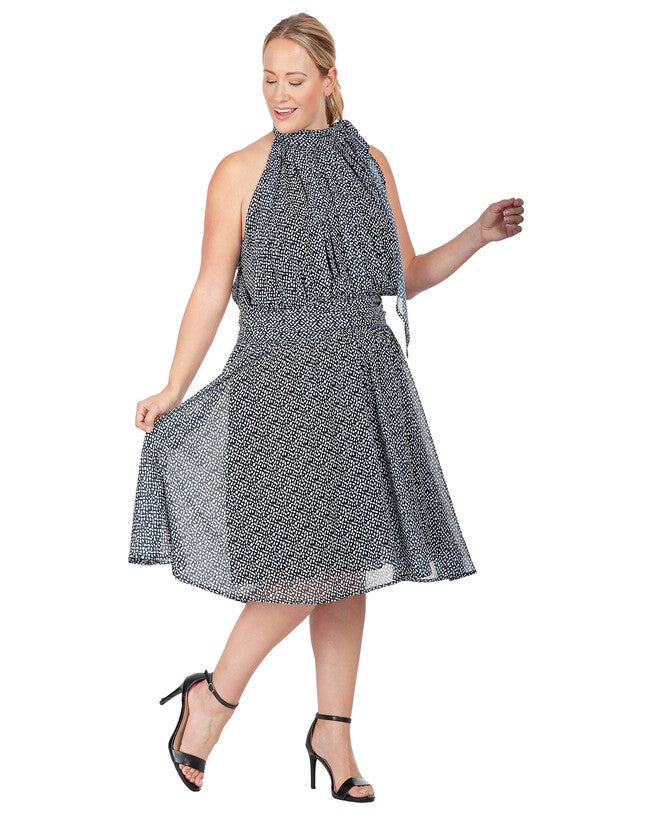 Penelope Women's Plus Size Flouncy Halter Neck Tie Mini Dress, Black White / Black, alternate image number 2