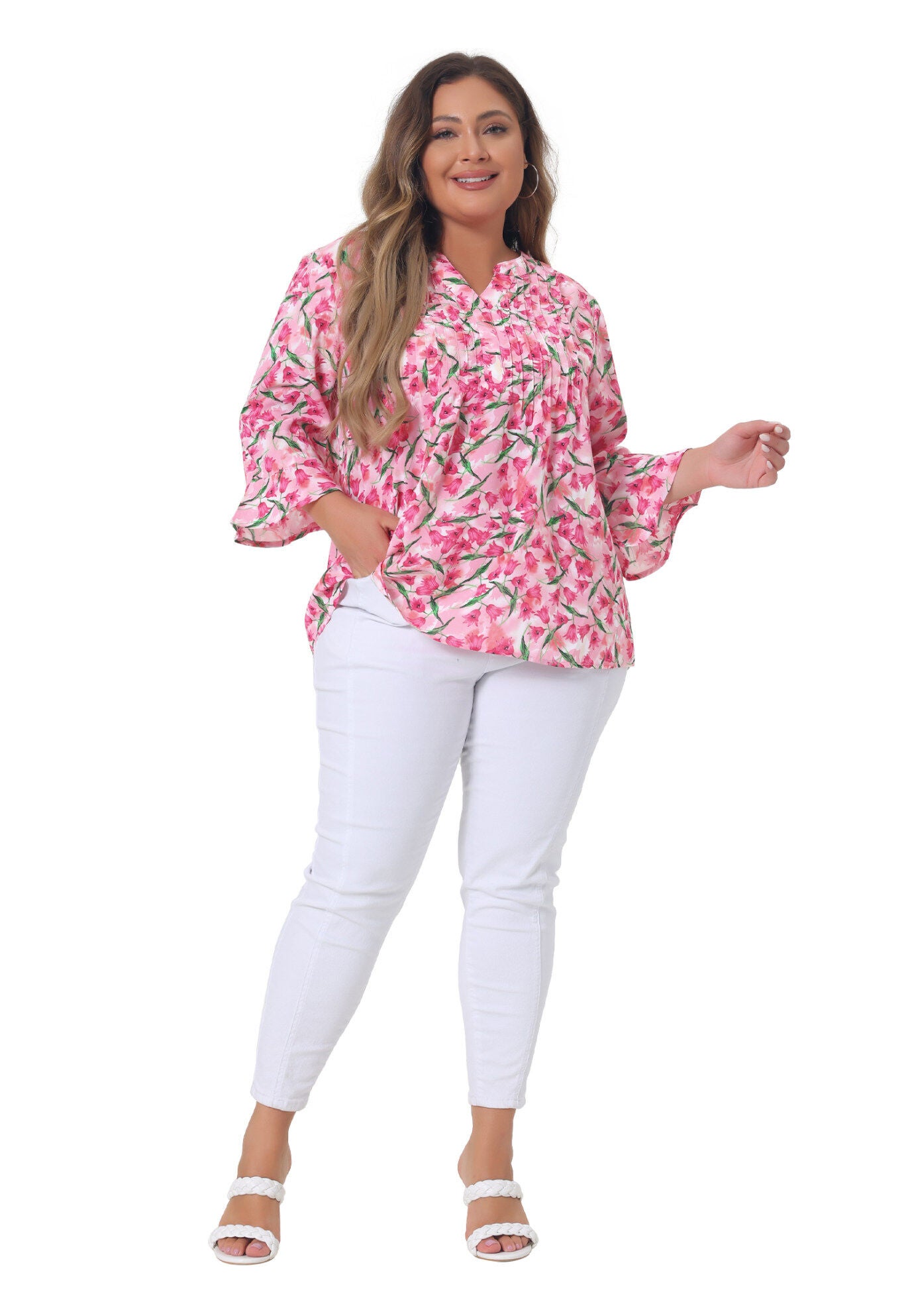 Pleated Long Sleeves V Neck Floral Blouse Top, Dark Pink / Deep Fuchsia, hi-res image number 0